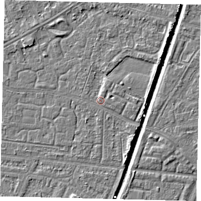 Shaded relief map of the ground around HU93LB, computed from Environment Agency LiDAR. The ground here sits at about 3 m above sea level and falls 6 m across the surrounding 800 m. Surface water reaching this point runs off ground lying to the east-north-east, 1.1 m higher.