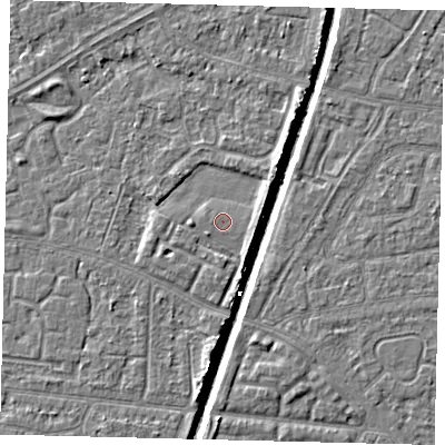 Shaded relief map of the ground around HU93LD, computed from Environment Agency LiDAR. The ground here sits at about 3 m above sea level and falls 6 m across the surrounding 800 m. The ground contributing surface water to this point lies to the west.