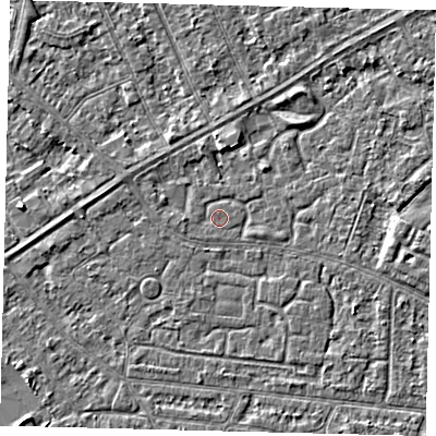 Shaded relief map of the ground around HU93LF, computed from Environment Agency LiDAR. The ground here sits at about 2 m above sea level and falls 2 m across the surrounding 800 m. Surface water reaching this point runs off ground lying to the west-south-west, 0.5 m higher.