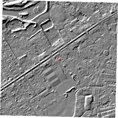 Shaded relief map of the ground around HU93LL, computed from Environment Agency LiDAR. The ground here sits at about 2 m above sea level and falls 4 m across the surrounding 800 m. Surface water reaching this point runs off ground lying to the south-west, 0.7 m higher.