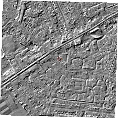 Shaded relief map of the ground around HU93LN, computed from Environment Agency LiDAR. The ground here sits at about 2 m above sea level and falls 3 m across the surrounding 800 m. Surface water reaching this point runs off ground lying to the west-north-west, 0.9 m higher.