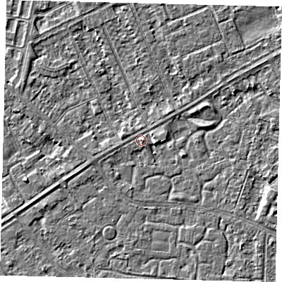 Shaded relief map of the ground around HU93LP, computed from Environment Agency LiDAR. The ground here sits at about 2 m above sea level and falls 3 m across the surrounding 800 m. Surface water reaching this point runs off ground lying to the east-north-east, 0.6 m higher.