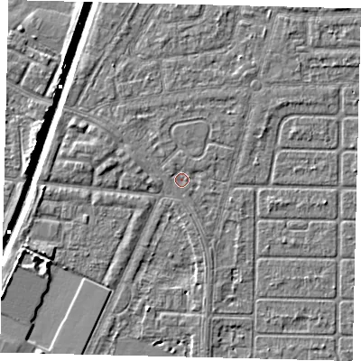 Shaded relief map of the ground around HU93NA, computed from Environment Agency LiDAR. The ground here sits at about 2 m above sea level and falls 6 m across the surrounding 800 m. Surface water reaching this point runs off ground lying to the west-north-west, 1.0 m higher.