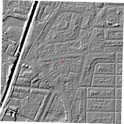 Shaded relief map of the ground around HU93NB, computed from Environment Agency LiDAR. The ground here sits at about 2 m above sea level and falls 6 m across the surrounding 800 m. The ground contributing surface water to this point lies to the north-north-west.