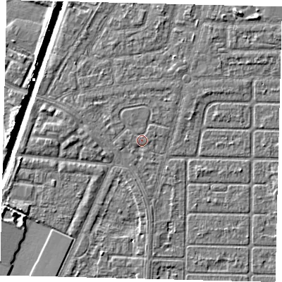 Shaded relief map of the ground around HU93ND, computed from Environment Agency LiDAR. The ground here sits at about 2 m above sea level and falls 6 m across the surrounding 800 m. Surface water reaching this point runs off ground lying to the west-north-west, 0.9 m higher.