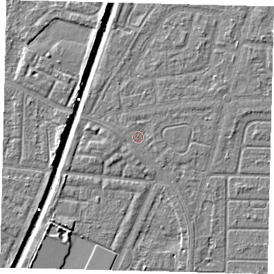 Shaded relief map of the ground around HU93NF, computed from Environment Agency LiDAR. The ground here sits at about 3 m above sea level and falls 6 m across the surrounding 800 m. Surface water reaching this point runs off ground lying to the west-south-west, 1.0 m higher.