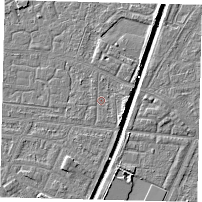 Shaded relief map of the ground around HU93NH, computed from Environment Agency LiDAR. The ground here sits at about 2 m above sea level and falls 6 m across the surrounding 800 m. Surface water reaching this point runs off ground lying to the east-south-east, 1.9 m higher.