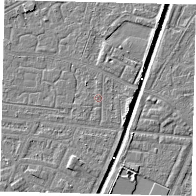 Shaded relief map of the ground around HU93NJ, computed from Environment Agency LiDAR. The ground here sits at about 2 m above sea level and falls 6 m across the surrounding 800 m. Surface water reaching this point runs off ground lying to the east-south-east, 1.9 m higher.