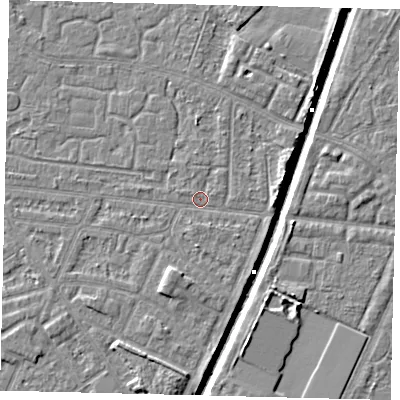 Shaded relief map of the ground around HU93NN, computed from Environment Agency LiDAR. The ground here sits at about 2 m above sea level and falls 6 m across the surrounding 800 m. Surface water reaching this point runs off ground lying to the east-north-east, 2.7 m higher.