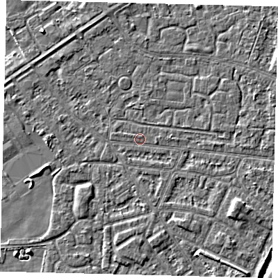 Shaded relief map of the ground around HU93NP, computed from Environment Agency LiDAR. The ground here sits at about 2 m above sea level and falls 5 m across the surrounding 800 m. Surface water reaching this point runs off ground lying to the south-east, 1.1 m higher.