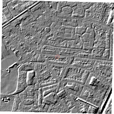 Shaded relief map of the ground around HU93NR, computed from Environment Agency LiDAR. The ground here sits at about 2 m above sea level and falls 6 m across the surrounding 800 m. Surface water reaching this point runs off ground lying to the south-east, 1.1 m higher.
