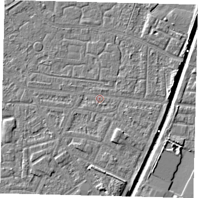 Shaded relief map of the ground around HU93NS, computed from Environment Agency LiDAR. The ground here sits at about 2 m above sea level and falls 6 m across the surrounding 800 m. Surface water reaching this point runs off ground lying to the east-north-east, 2.8 m higher.