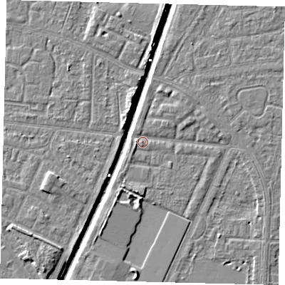 Shaded relief map of the ground around HU93NT, computed from Environment Agency LiDAR. The ground here sits at about 3 m above sea level and falls 6 m across the surrounding 800 m. Surface water reaching this point runs off ground lying to the south, 1.9 m higher.