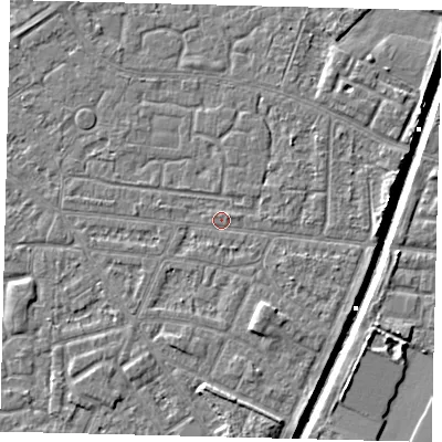 Shaded relief map of the ground around HU93NW, computed from Environment Agency LiDAR. The ground here sits at about 2 m above sea level and falls 6 m across the surrounding 800 m. Surface water reaching this point runs off ground lying to the east, 2.8 m higher.