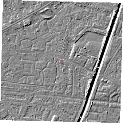 Shaded relief map of the ground around HU93NX, computed from Environment Agency LiDAR. The ground here sits at about 2 m above sea level and falls 6 m across the surrounding 800 m. Surface water reaching this point runs off ground lying to the east-north-east, 1.2 m higher.