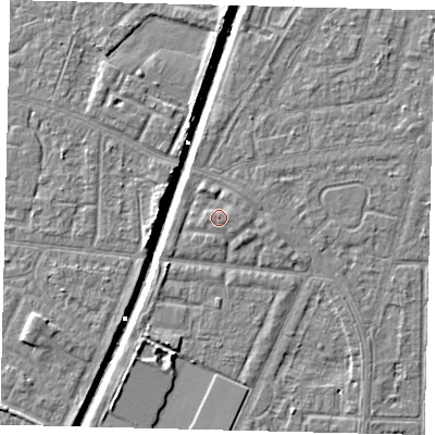 Shaded relief map of the ground around HU93NZ, computed from Environment Agency LiDAR. The ground here sits at about 3 m above sea level and falls 6 m across the surrounding 800 m. Surface water reaching this point runs off ground lying to the east-north-east, 0.7 m higher.