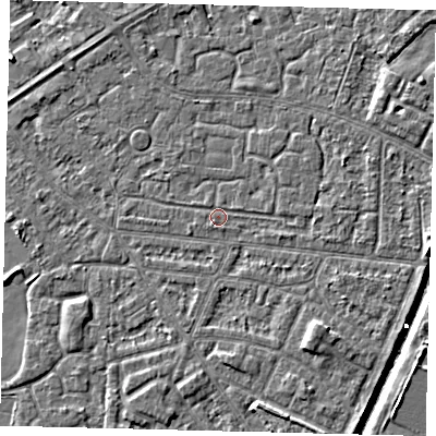 Shaded relief map of the ground around HU93PE, computed from Environment Agency LiDAR. The ground here sits at about 2 m above sea level and falls 5 m across the surrounding 800 m. Surface water reaching this point runs off ground lying to the south-east, 2.4 m higher.