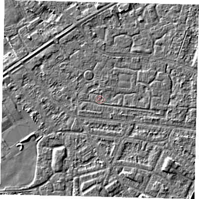 Shaded relief map of the ground around HU93PF, computed from Environment Agency LiDAR. The ground here sits at about 2 m above sea level and falls 5 m across the surrounding 800 m. Surface water reaching this point runs off ground lying to the south-east, 2.6 m higher.