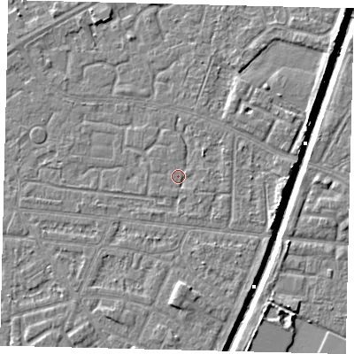 Shaded relief map of the ground around HU93PG, computed from Environment Agency LiDAR. The ground here sits at about 2 m above sea level and falls 6 m across the surrounding 800 m. Surface water reaching this point runs off ground lying to the east-south-east, 0.8 m higher.
