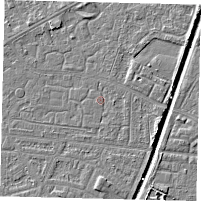 Shaded relief map of the ground around HU93PH, computed from Environment Agency LiDAR. The ground here sits at about 2 m above sea level and falls 6 m across the surrounding 800 m. Surface water reaching this point runs off ground lying to the east-south-east, 1.1 m higher.
