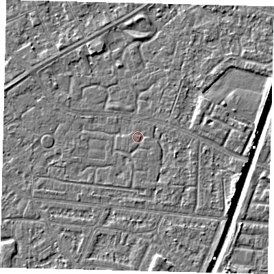 Shaded relief map of the ground around HU93PJ, computed from Environment Agency LiDAR. The ground here sits at about 2 m above sea level and falls 6 m across the surrounding 800 m. The ground contributing surface water to this point lies to the east-south-east.