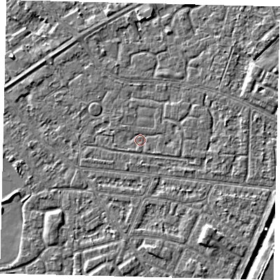 Shaded relief map of the ground around HU93PL, computed from Environment Agency LiDAR. The ground here sits at about 2 m above sea level and falls 5 m across the surrounding 800 m. Surface water reaching this point runs off ground lying to the north-north-west, 0.9 m higher.
