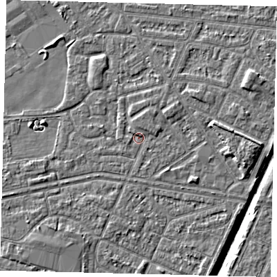 Shaded relief map of the ground around HU93PR, computed from Environment Agency LiDAR. The ground here sits at about 2 m above sea level and falls 6 m across the surrounding 800 m. Surface water reaching this point runs off ground lying to the north-west, 1.1 m higher.