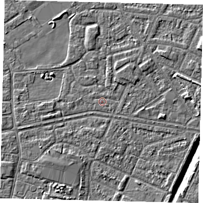 Shaded relief map of the ground around HU93PS, computed from Environment Agency LiDAR. The ground here sits at about 2 m above sea level and falls 6 m across the surrounding 800 m. The ground contributing surface water to this point lies to the north-west.