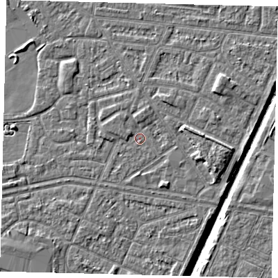 Shaded relief map of the ground around HU93PU, computed from Environment Agency LiDAR. The ground here sits at about 2 m above sea level and falls 6 m across the surrounding 800 m. Surface water reaching this point runs off ground lying to the north, 1.4 m higher.