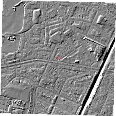 Shaded relief map of the ground around HU93PW, computed from Environment Agency LiDAR. The ground here sits at about 2 m above sea level and falls 6 m across the surrounding 800 m. Surface water reaching this point runs off ground lying to the north, 0.6 m higher.