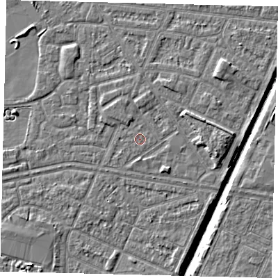 Shaded relief map of the ground around HU93PY, computed from Environment Agency LiDAR. The ground here sits at about 2 m above sea level and falls 6 m across the surrounding 800 m. Surface water reaching this point runs off ground lying to the north-north-west, 0.9 m higher.