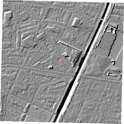 Shaded relief map of the ground around HU93QB, computed from Environment Agency LiDAR. The ground here sits at about 3 m above sea level and falls 6 m across the surrounding 800 m. Surface water reaching this point runs off ground lying to the north-north-east, 2.5 m higher.