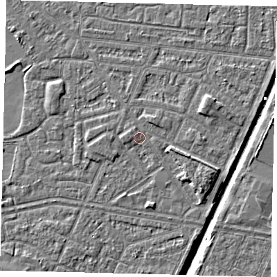 Shaded relief map of the ground around HU93QG, computed from Environment Agency LiDAR. The ground here sits at about 3 m above sea level and falls 6 m across the surrounding 800 m. Surface water reaching this point runs off ground lying to the north-east, 1.0 m higher.