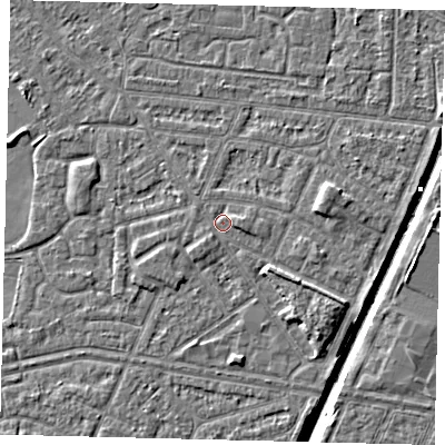 Shaded relief map of the ground around HU93QJ, computed from Environment Agency LiDAR. The ground here sits at about 2 m above sea level and falls 6 m across the surrounding 800 m. Surface water reaching this point runs off ground lying to the east-south-east, 1.2 m higher.