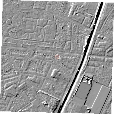 Shaded relief map of the ground around HU93QR, computed from Environment Agency LiDAR. The ground here sits at about 2 m above sea level and falls 6 m across the surrounding 800 m. Surface water reaching this point runs off ground lying to the south, 2.1 m higher.