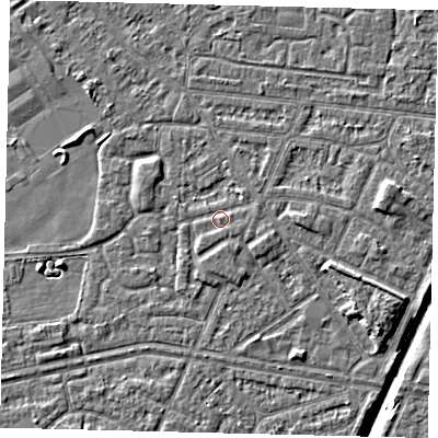 Shaded relief map of the ground around HU93QX, computed from Environment Agency LiDAR. The ground here sits at about 3 m above sea level and falls 6 m across the surrounding 800 m. Surface water reaching this point runs off ground lying to the south, 0.9 m higher.
