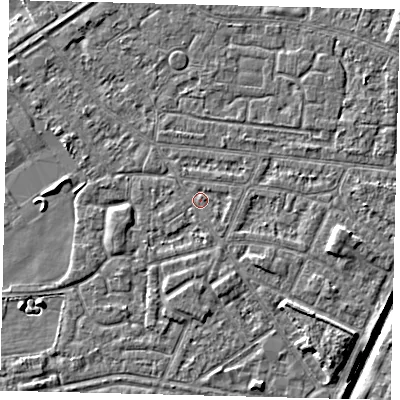 Shaded relief map of the ground around HU93QZ, computed from Environment Agency LiDAR. The ground here sits at about 2 m above sea level and falls 6 m across the surrounding 800 m. Surface water reaching this point runs off ground lying to the south-east, 0.8 m higher.