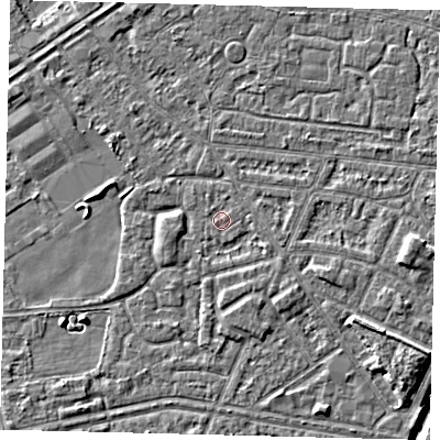 Shaded relief map of the ground around HU93RA, computed from Environment Agency LiDAR. The ground here sits at about 2 m above sea level and falls 6 m across the surrounding 800 m. Surface water reaching this point runs off ground lying to the south-south-east, 1.3 m higher.