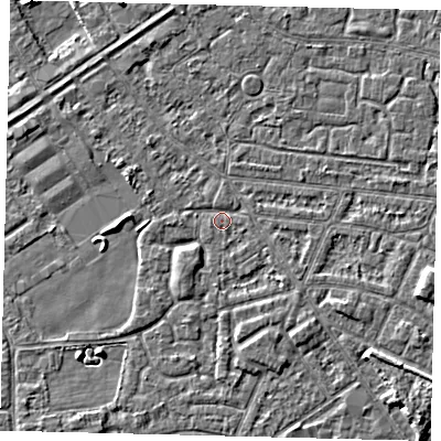 Shaded relief map of the ground around HU93RB, computed from Environment Agency LiDAR. The ground here sits at about 2 m above sea level and falls 4 m across the surrounding 800 m. Surface water reaching this point runs off ground lying to the south-south-east, 1.6 m higher.