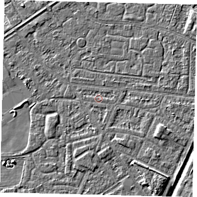 Shaded relief map of the ground around HU93RD, computed from Environment Agency LiDAR. The ground here sits at about 2 m above sea level and falls 6 m across the surrounding 800 m. Surface water reaching this point runs off ground lying to the south-south-east, 1.5 m higher.