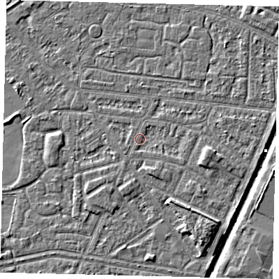 Shaded relief map of the ground around HU93RE, computed from Environment Agency LiDAR. The ground here sits at about 2 m above sea level and falls 6 m across the surrounding 800 m. Surface water reaching this point runs off ground lying to the south-south-east, 1.2 m higher.