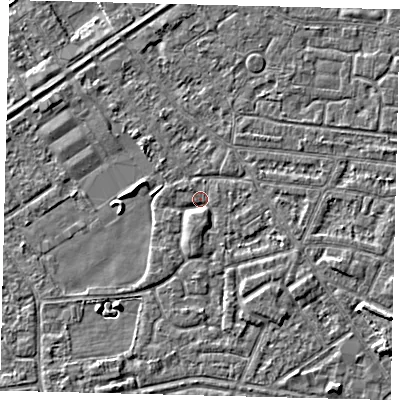 Shaded relief map of the ground around HU93RG, computed from Environment Agency LiDAR. The ground here sits at about 2 m above sea level and falls 4 m across the surrounding 800 m. Surface water reaching this point runs off ground lying to the south, 1.5 m higher.