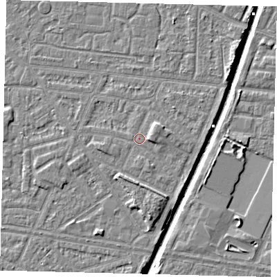 Shaded relief map of the ground around HU93RH, computed from Environment Agency LiDAR. The ground here sits at about 2 m above sea level and falls 6 m across the surrounding 800 m. Surface water reaching this point runs off ground lying to the south, 0.7 m higher.