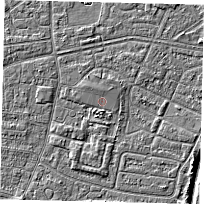 Shaded relief map of the ground around HU93RL, computed from Environment Agency LiDAR. The ground here sits at about 3 m above sea level and falls 6 m across the surrounding 800 m. Surface water reaching this point runs off ground lying to the north, 0.6 m higher.