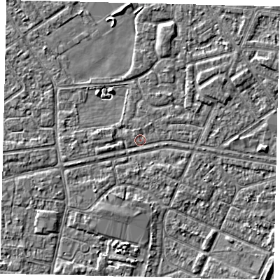 Shaded relief map of the ground around HU93RN, computed from Environment Agency LiDAR. The ground here sits at about 2 m above sea level and falls 5 m across the surrounding 800 m. Surface water reaching this point runs off ground lying to the east-north-east, 1.2 m higher.
