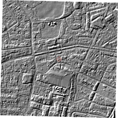 Shaded relief map of the ground around HU93RP, computed from Environment Agency LiDAR. The ground here sits at about 2 m above sea level and falls 3 m across the surrounding 800 m. Surface water reaching this point runs off ground lying to the south, 1.0 m higher.