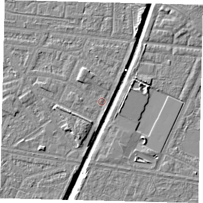 Shaded relief map of the ground around HU93RQ, computed from Environment Agency LiDAR. The ground here sits at about 3 m above sea level and falls 6 m across the surrounding 800 m. Surface water reaching this point runs off ground lying to the north-west, 1.9 m higher.