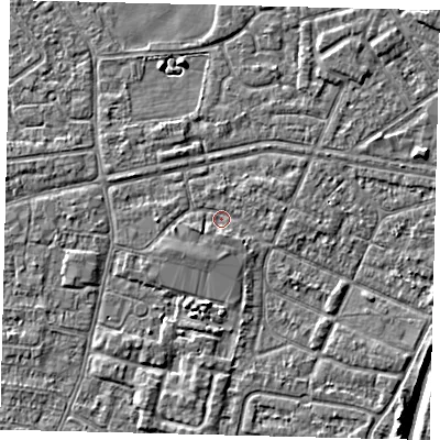 Shaded relief map of the ground around HU93RR, computed from Environment Agency LiDAR. The ground here sits at about 2 m above sea level and falls 6 m across the surrounding 800 m. Surface water reaching this point runs off ground lying to the south, 2.4 m higher.