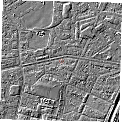 Shaded relief map of the ground around HU93RS, computed from Environment Agency LiDAR. The ground here sits at about 2 m above sea level and falls 5 m across the surrounding 800 m. Surface water reaching this point runs off ground lying to the south-south-west, 2.4 m higher.