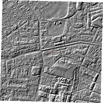 Shaded relief map of the ground around HU93RW, computed from Environment Agency LiDAR. The ground here sits at about 2 m above sea level and falls 3 m across the surrounding 800 m. Surface water reaching this point runs off ground lying to the east-north-east, 1.2 m higher.